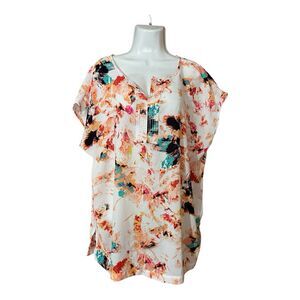 Ava & Viv Size X Blouse Watercolor Art Top V Neck Short Sleeve Boho Plus 14W